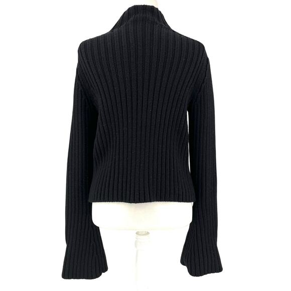 Theory Black Wool Funnel Neck Flared Sleeve Ribbed Knit Cropped Sweater (L) - Picture 1 of 5